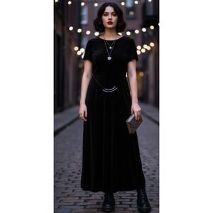 Vintage Giorgio Fiorlini Black Velvet Dual Silver Belted Maxi Dress Size 15/16